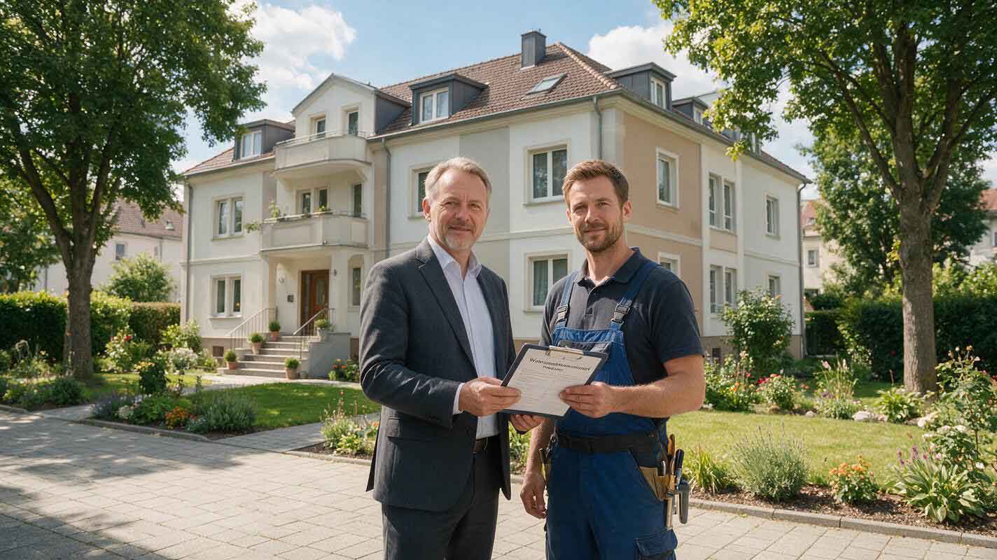 Ein Gutachter und ein Handwerker besprechen mit Klemmbrett eine Anfrage vor einem Wohngebäude